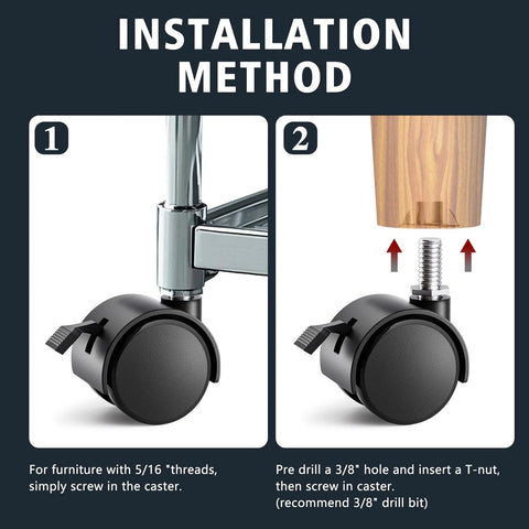 ANDUTEES 1.5in stem caster wheels, set of 4, black locking plastic casters with 5/16 in threaded stems; installation steps