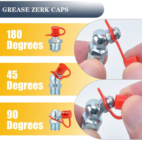 One Quarter Inch SAE Grease Fittings Kit With 82 PCS Zerk Nipples Caps Wrench, 180 45 90 degree angles in galvanized steel