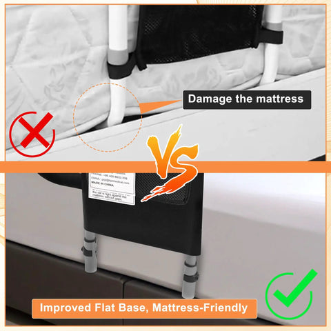 Comparison of bed rail designs showing damage-free installation with Bed Rails For Seniors With Two Grab Bars And Storage Pocket