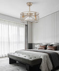 Ceiling Fan with Light with Handheld Controller, 3-Blade Caged Fan, Iron, installed in a modern bedroom with light curtains.