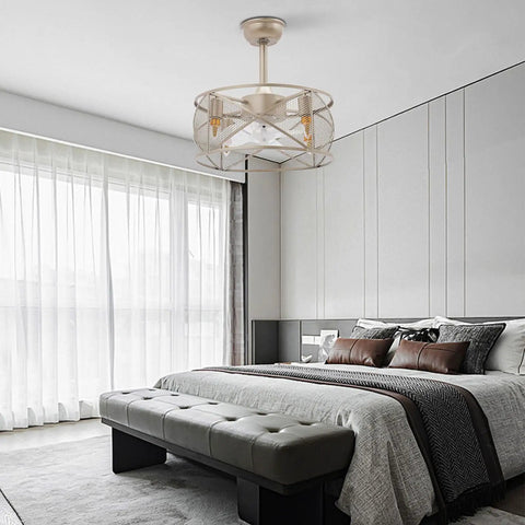 Ceiling Fan with Light with Handheld Controller, 3-Blade Caged Fan, Iron, installed in a modern bedroom with light curtains.