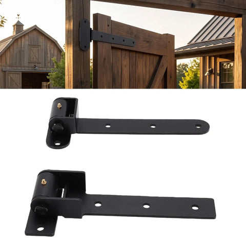 Tough As Nails 13 Inch Heavy Duty Strap Gate Hinges With Nine Hundred Pound Load Capacity Plus Flexible Ninety Degree Swivel Design displayed on a wooden barn door.