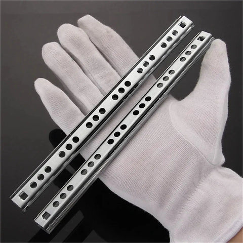 Hand in white glove holding 2 Pack Ball Bearing Drawer Slides 14 Inch Steel Smooth Gliding Furniture Slides For Kitchen Office And Workshop Drawers 342mm Long Heavy Duty Hardware