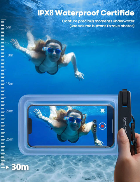 IPX8 Waterproof Phone Pouch Case 2 Pack For Beach And Travel used underwater with woman swimming, 7-inch fit