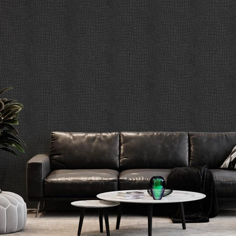 Living room with Dope Charcoal Black Crocodile Texture Wallpaper Non Pasted Needs Adhesive Embossed 3D Wall Covering