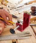 Pro Level Pocket Hole Drill Guide Jig For Woodworking Featuring Quick Release Clamps And Precision 15 Degree Angle Locator on workbench.