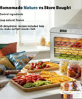 Heavy Duty Ten Tray Food Dehydrator Machine That Runs Smooth Like A Champ With 800W Turbo Power And Reliable Timer, displaying fruits and snacks.
