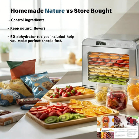 Heavy Duty Ten Tray Food Dehydrator Machine That Runs Smooth Like A Champ With 800W Turbo Power And Reliable Timer, displaying fruits and snacks.