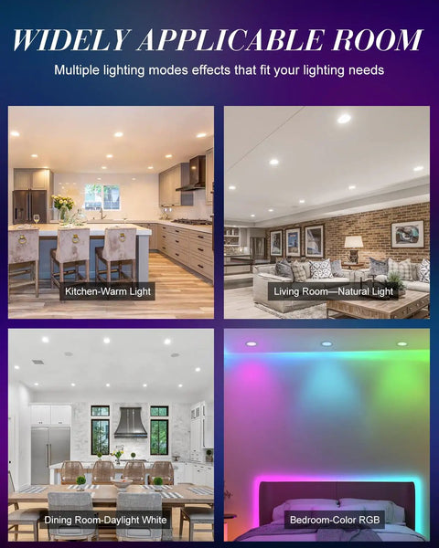 Smart Recessed Lighting 4 Pack Ultra Thin 4 Inch RGB LED Downlights 9W 900 Lumen color modes in different rooms