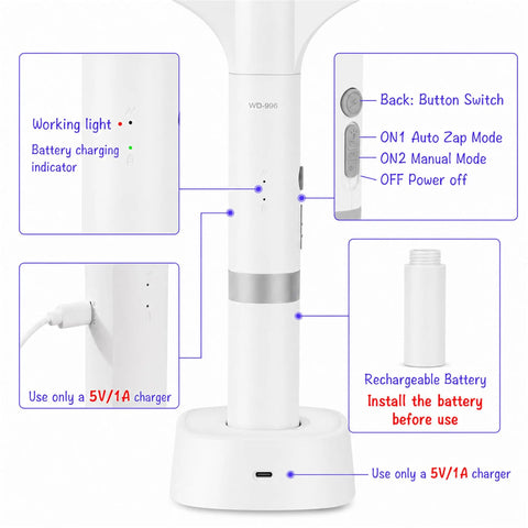 Detailed view of the Reusable Electric Fly Swatter Racket Featuring 4000V Bug Zapper With Rechargeable Battery And Dual Mode Design.
