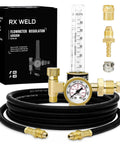RX WELD argon regulator flowmeter with brass fittings, pressure gauge, and black hose