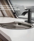 Waterfall Matte Black Bathroom Faucet DIY Friendly 1 Or 3 Hole Install With Deck Plate shown near RV sink