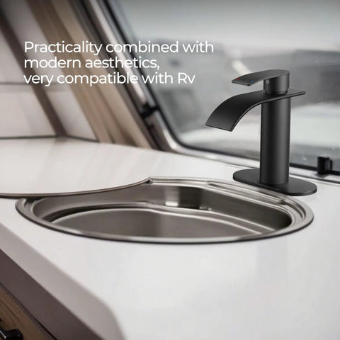 Waterfall Matte Black Bathroom Faucet DIY Friendly 1 Or 3 Hole Install With Deck Plate shown near RV sink