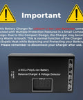 Versatile LiPo Balance Charger with Wireless Voltage Meter and safety warnings for 7.4V, 11.1V, 14.8V batteries.