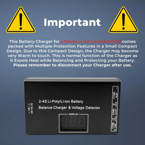 Versatile LiPo Balance Charger with Wireless Voltage Meter and safety warnings for 7.4V, 11.1V, 14.8V batteries.