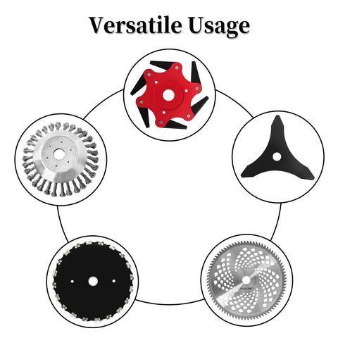 Versatile usage of Universal Blade Trimmer Head Adapter Kit for Straight Shaft String Trimmers with various blade attachments