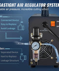 Close-up of 50 Amp Plasma Cutter showing air regulator system for stable air pressure and effective metal cutting.