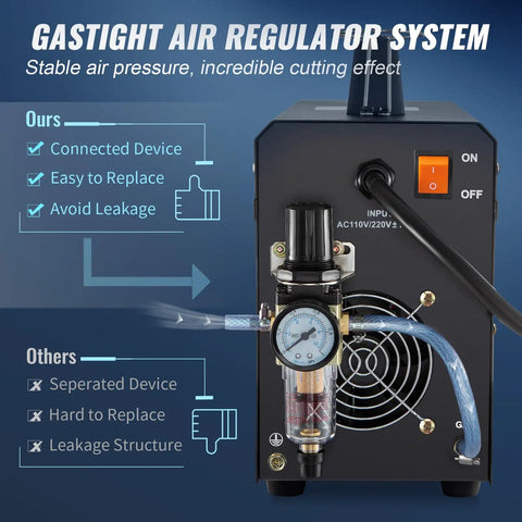 Close-up of 50 Amp Plasma Cutter showing air regulator system for stable air pressure and effective metal cutting.