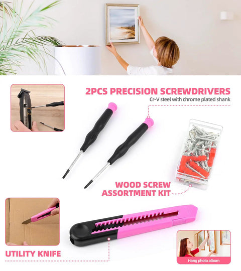 Pink 116 Piece Tool Kit With 3.6V USB Cordless Screwdriver For Women And Girls Includes hammer, adjustable wrenches, and precision tools