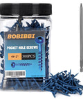 Heavy Duty Pocket Hole Screws Coarse Thread Wood Fasteners 300 Piece Set in jar with square drive bit on side.