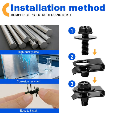 Installation guide for M6 1.0 Body Bolts And U Nuts Kit for automotive restoration, showing steel bolts and U-nuts in use.