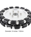 Front view of a 6-inch mecanum wheel with 19 mm rollers around an aluminum hub for DIY robotics.