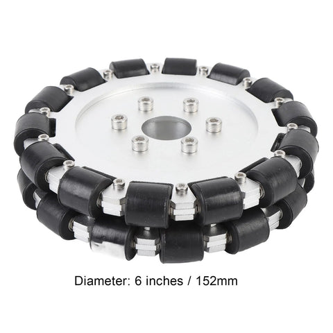 Front view of a 6-inch mecanum wheel with 19 mm rollers around an aluminum hub for DIY robotics.