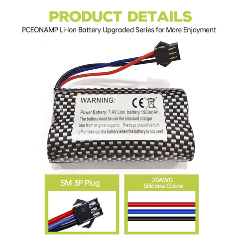 2 Pack 7.4V 1500mAh SM-3P Plug Lithium RC Battery With USB Charging Cable For DE43 And DE60 RC Cars And 1575 Dump Trucks