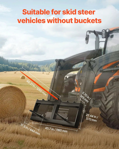 49 Inch Hay Spear Bale Fork With 1600 Lbs Load Capacity For Skid Steer Loader And Tractor Attachments, shown with dimensions in a field