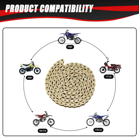 Gold 428 Drive Chain With 116 Links And Chain Breaker Tool For 110Cc To 125Cc Dirt Bikes ATVs Go Karts And 4 Wheelers image showing compatibility with different bikes