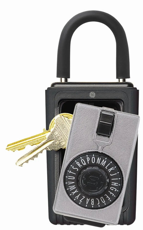 Three Key Portable Spin Dial Key Safe Lock Box in Titanium Gray with dial and keys visible for real estate and construction use