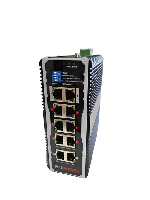 Front view of Eight-Port Industrial Gigabit PoE Switch Built For Solar Installs Tough As Nails With 12V-48V DC Input