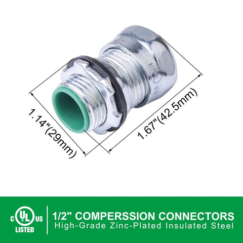 Ten Pack 1/2 Inch EMT Raintight Compression Connectors Zinc Plated Steel Insulated Waterproof Box Connector CULus Listed
