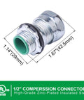 Heavy Duty 25 Pack Of 1/2 Inch EMT Raintight Compression Connectors, Built Tough Zinc Steel Outlet Boxes, Seriously Waterproof And CULus Certified For Zero Drama Wiring Runs, shown at 1.14 and 1.67 inches.