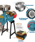 Beast 3000W Electric Dry Grain Mill Grinder with 150mm disc shown close-up, featuring component details and a coffee cup.