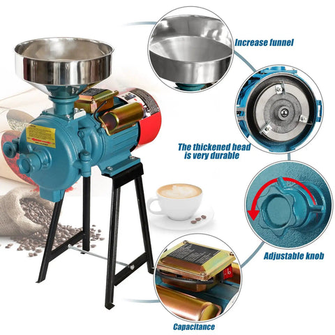 Beast 3000W Electric Dry Grain Mill Grinder with 150mm disc shown close-up, featuring component details and a coffee cup.