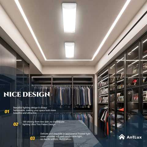Closet with Slick Two Foot Wraparound LED Light Fixture With Soft Diffuser Glare Free 2400 Lumens 4000K Bright White