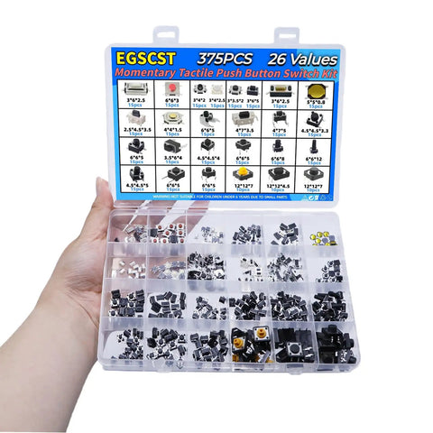 Hand holding Maker Friendly Assorted Micro Momentary Tactile Push Button Switch Kit With 375 Pieces And 26 Values