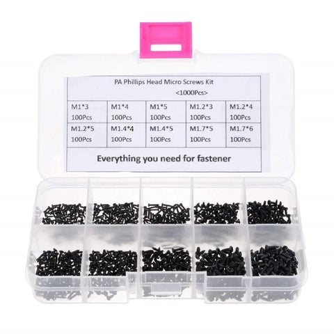 Heavy Duty M1 M1.2 M1.4 M1.7 Carbon Steel Screw Assortment With Phillips Pan Heads For Electronics And Home Jobs. Assorted screws displayed in container.