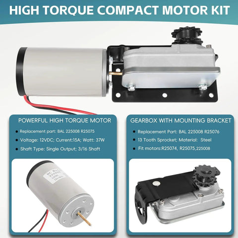 RV Slide Out Motor And Gear Housing Kit For Accu Slide Cable System Replacement Gearbox R25076 R25075 shown with specifications