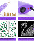 Hotfix Applicator Kit With 6000 Rhinestones, 16 Color Bedazzler Set, steps showing purple tool and green rhinestones application.