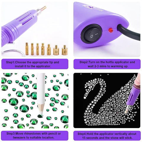 Hotfix Applicator Kit With 6000 Rhinestones, 16 Color Bedazzler Set, steps showing purple tool and green rhinestones application.