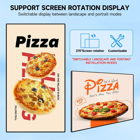 Ready To Roll 55 Inch 4K Digital Menu Board Wall Mount Commercial Signage Display with pizza graphics in landscape mode.