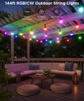 Two-Set 144-Foot Smart Outdoor String Lights With Dimmable Warm White LEDs, 47 Scene Modes, multi-color lights on patio