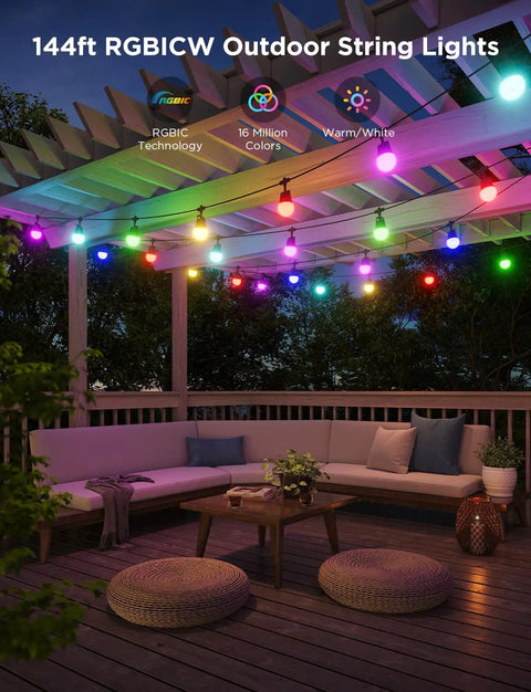 Two-Set 144-Foot Smart Outdoor String Lights With Dimmable Warm White LEDs, 47 Scene Modes, multi-color lights on patio