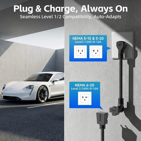 Road Trip Ready Portable Level 1 And 2 EV Charger With J1772 Connector And Nema 5-15 To 6-20 Plugs for easy home charging.