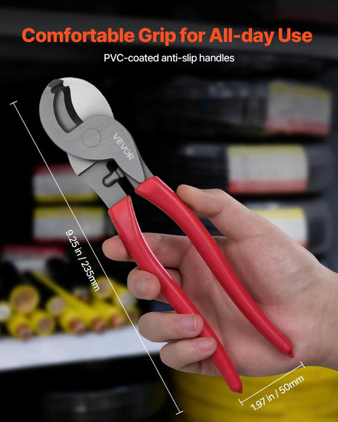 Heavy Duty High Leverage Cable Cutters With Cushioned Overmolded Handles And Razor Sharp Forged Blades with red PVC-coated handles.