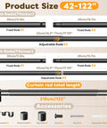 Product size guide for Double Curtain Rod Set 42 to 122 Inches, Matte Black Finish with accessories and dimensions.