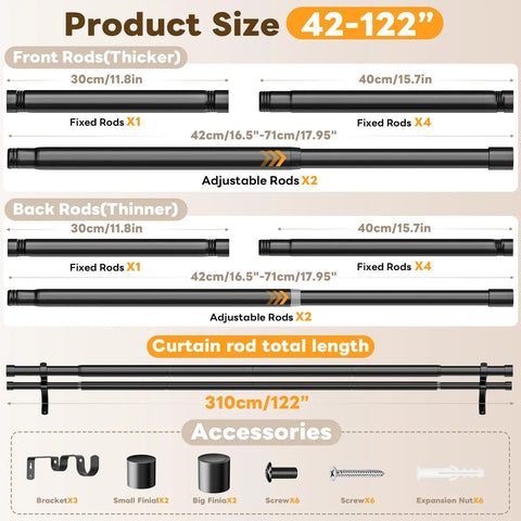 Product size guide for Double Curtain Rod Set 42 to 122 Inches, Matte Black Finish with accessories and dimensions.