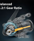 Transparent view of M1 Spinning Reel showcasing 5.2:1 gear ratio with internal mechanisms highlighted for freshwater fishing.